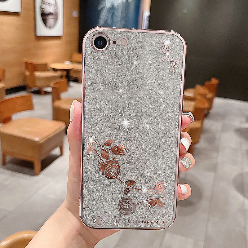 For iPhone SE (2022) (2020) iPhone 8 7 4.7 inch Flower Pattern Rhinestone Phone Case Glitter Powder Electroplating TPU Cover For iPhone SE (2022) (2020) iPhone 8 7 4.7 inch Flower Pattern Rhinestone Phone Case Glitter Powder Electroplating TPU Cover